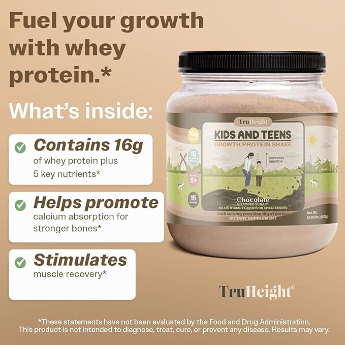 TruHeight Growth Protein Shake (Chocolate Milk Flavor, Whey) Natural Growth & Development Protein Powder for Kids & Teens - Weight Gain Drinks - Endorsed by Pediatricians, Picky Eater Vitamin, Ages 4+