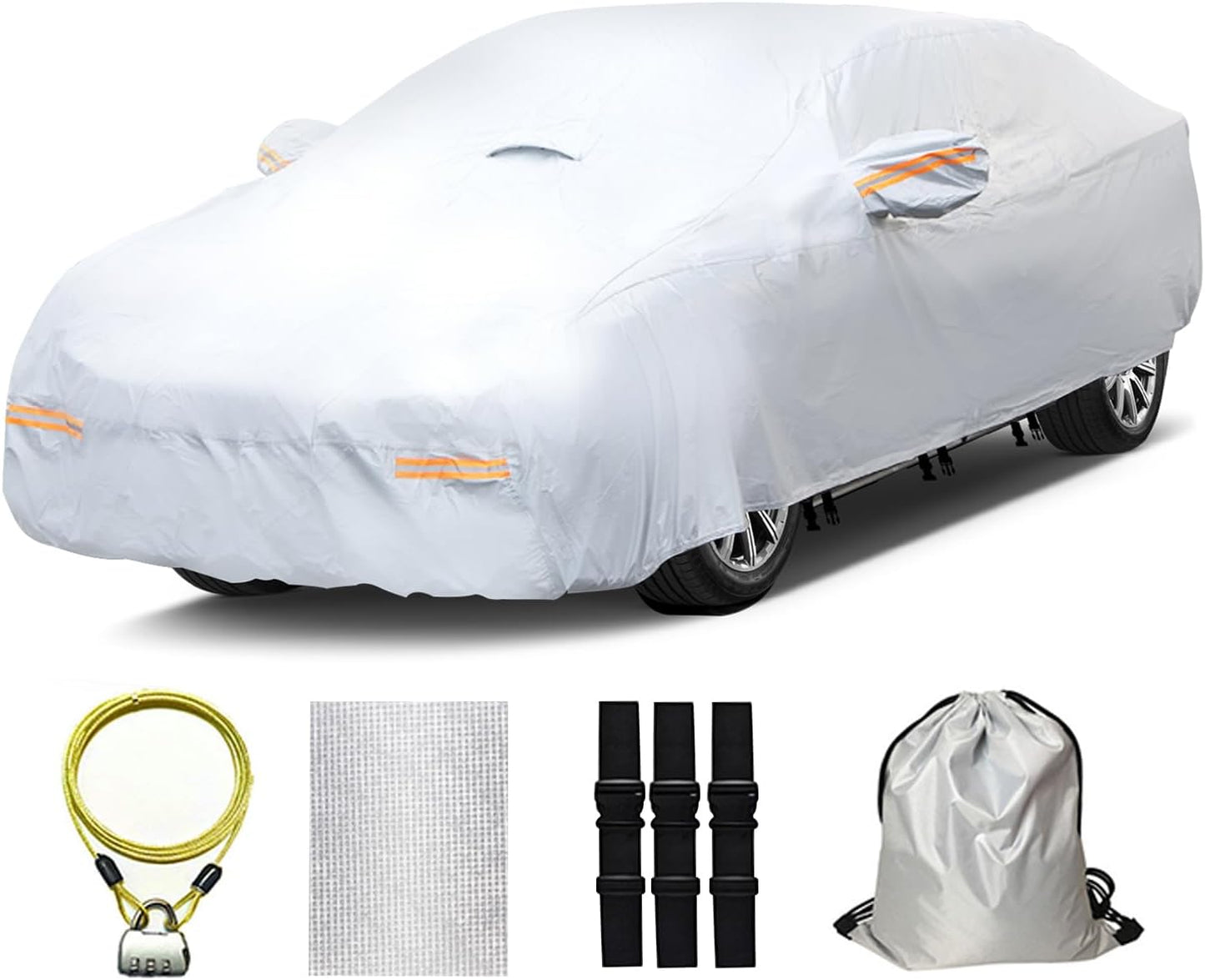 30 Layers Heavy Duty Car Cover for Automobiles All Weather Waterproof, Outdoor Snowproof UV Protection Windproof, Door Zipper, Soft Cotton Universal Car Covers (Silver, Fit Sedans191-200)