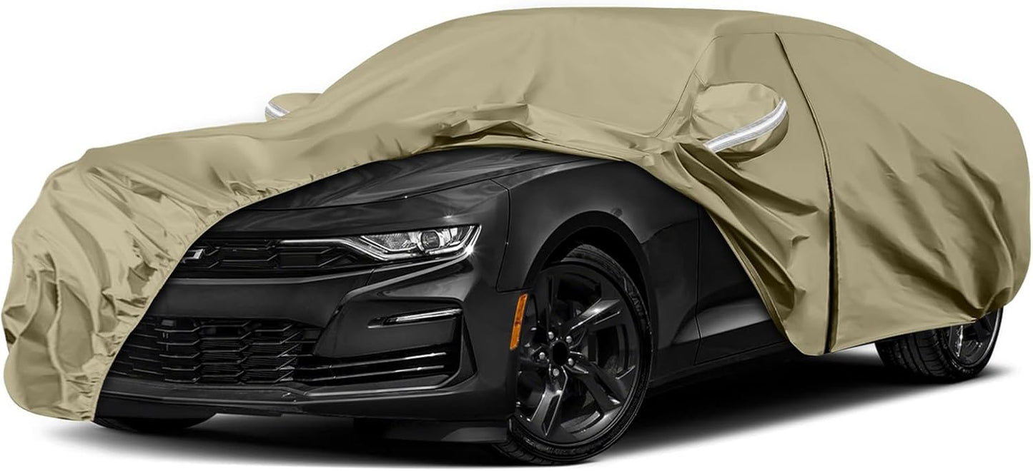 Waterproof Car Covers Replace for 2010-2025 Chevy Camaro, Multilayer Heavy Duty with Cotton Liner All Weather Custom-fit Car Cover with Zipper Door, Windproof Bands for Snow Rain Dust Protection