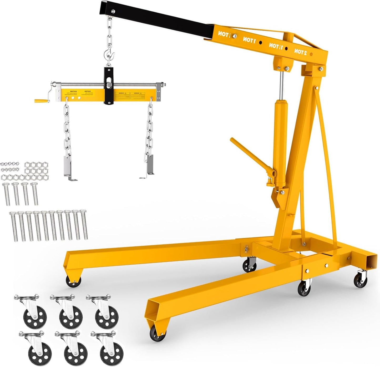 Engine Lift with Load Leveler,2T Heavy Duty Alloy Steel Folding Cherry Picker Engine Lift,Cherry Picker Workshop Crane,8Ton Hydraulic Engine Crane,Engine Lift for Workshop Warehouse Garage (Yellow)