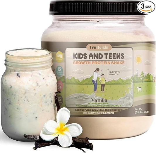 TruHeight Growth Protein Shake (Vanilla Ice Cream Flavor, Whey) Growth & Development Protein Powder for Kids & Teens - Weight Gain Drinks - Endorsed by Pediatricians, Picky Eater Vitamin, Ages 4+