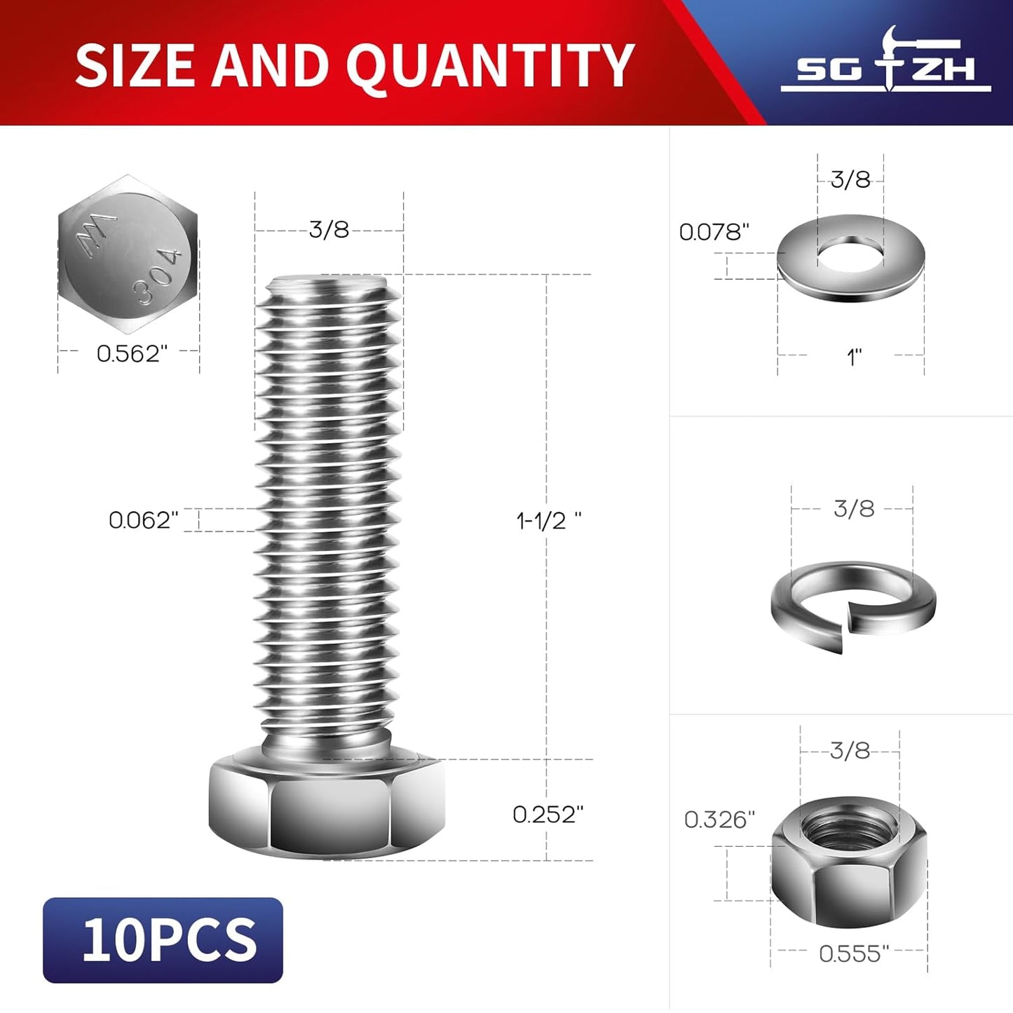 3/8-16 x 1-1/2" Hex Head Screw Bolt, Nuts, Flat & Lock Washers, 10Pcs 18-8 (304) Stainless Steel, Fully Threaded, by SG TZH