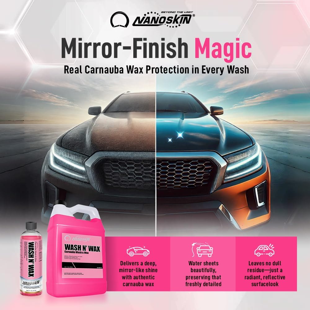 Nanoskin WASH N' WAX with Carnauba 55 gallons - Cleans & Shines in One Step | Works with Foam Cannon, Foam Gun, Bucket Washes, Pressure Washer | Carnauba Wax Protection for Cars