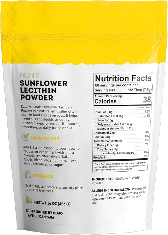 Kate Naturals Sunflower Lecithin Powder for Baking Bread, Gummies, Cooking. Substitute for Soy Lecithin Powder (16 oz, Non-GMO)