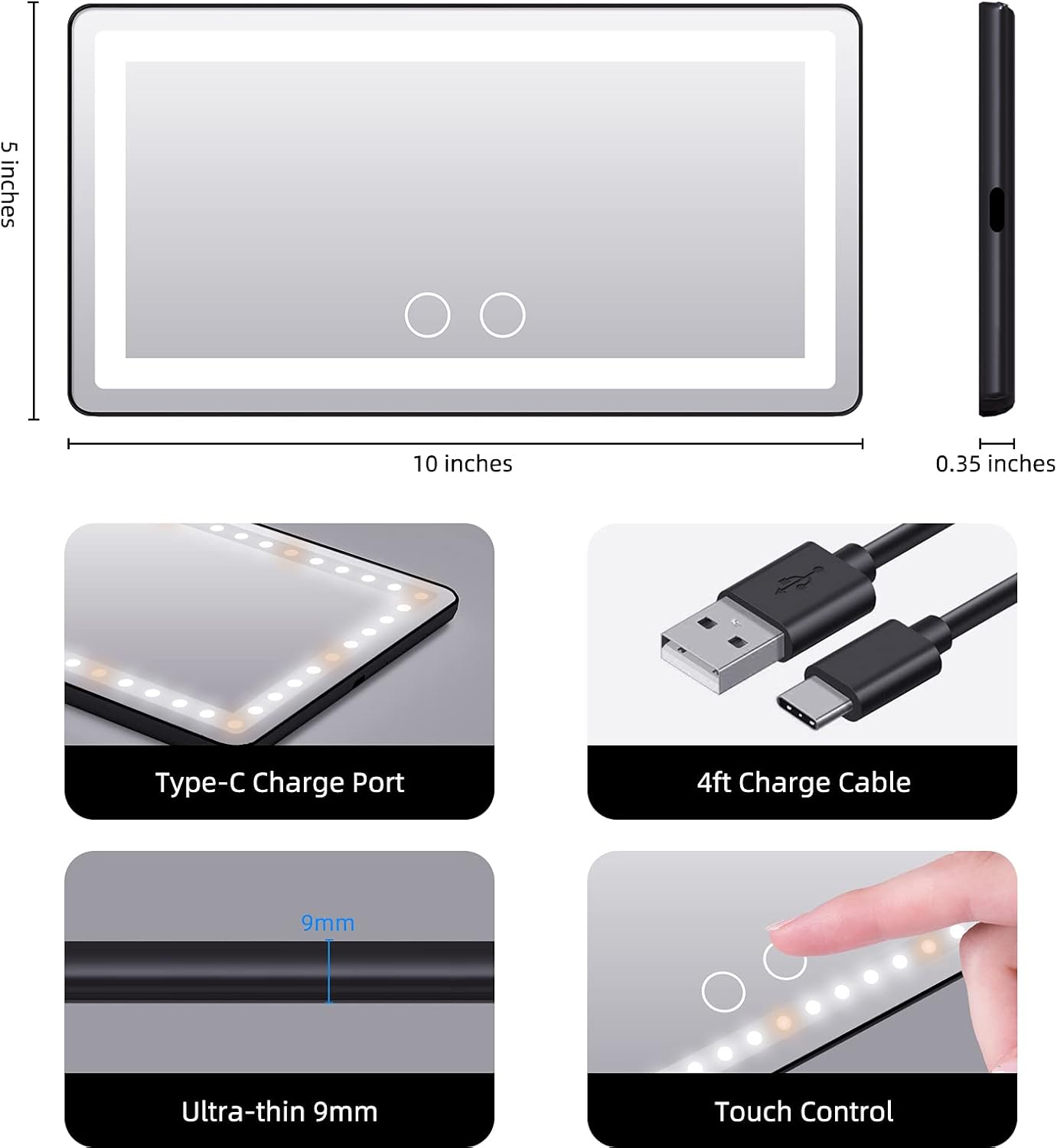 Car Sun Visor Vanity Makeup Mirror, 2 Pcs Rechargeable with 3 Light Modes & 60 LEDs - Dimmable Clip-on Rear View Sun-Shading Cosmetic Mirror, Universal for Car SUV Truck (Black)