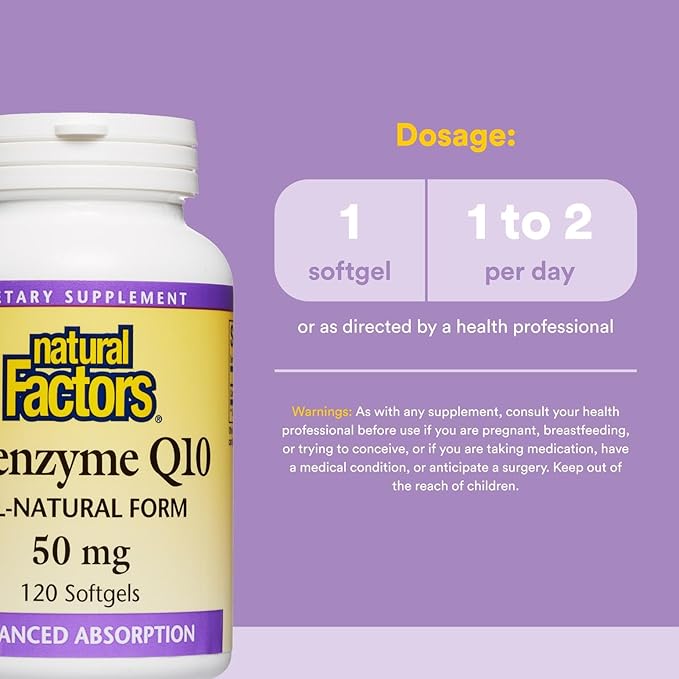 Natural Factors, Coenzyme Q10 50mg, CoQ10 Supplement for Energy, Heart and Antioxidant Support, Gluten Free, 120 softgels (120 servings)