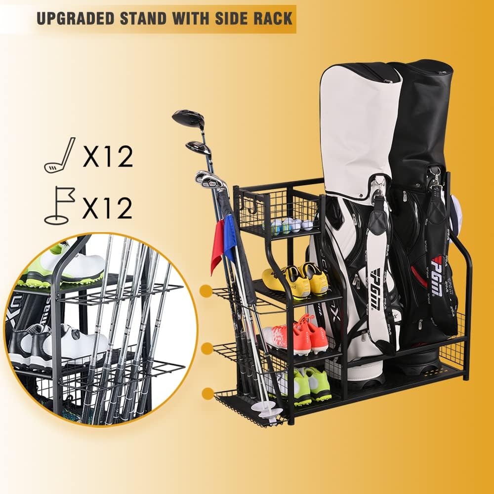 SNAIL Golf Bag Garage Storage Organizer Extra Large Size Golf Bag Rack Stand Holder Fits 2 Golf Bags and Other Golfing Equipment Accessories, Metal Black Golf Club Storage for Garage Shed and Basement