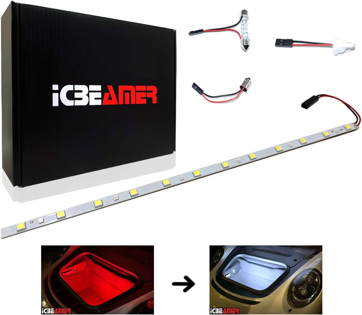 ICBEAMER 12" Red to White 18 SMDs 2835 LED Strip Light Universal Fit Car Trunk Cargo Area or Interior Illumination
