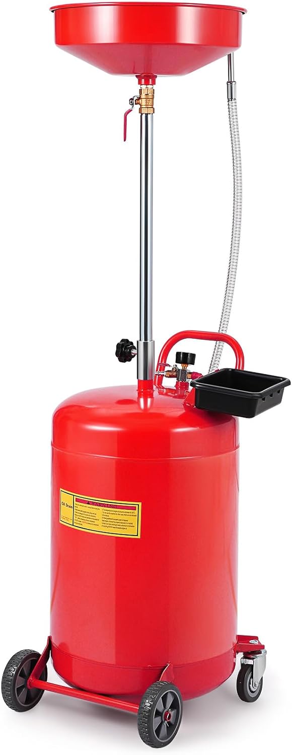 20 Gallon Waste Oil Drain Tank Portable Air Operated Oil Drainer with Adjustable Funnel Height 38-65 Inches 15 Inch Funnel Fluid Fuel Transfer Drain Container with 360 Degree Wheels and Toolbox Red