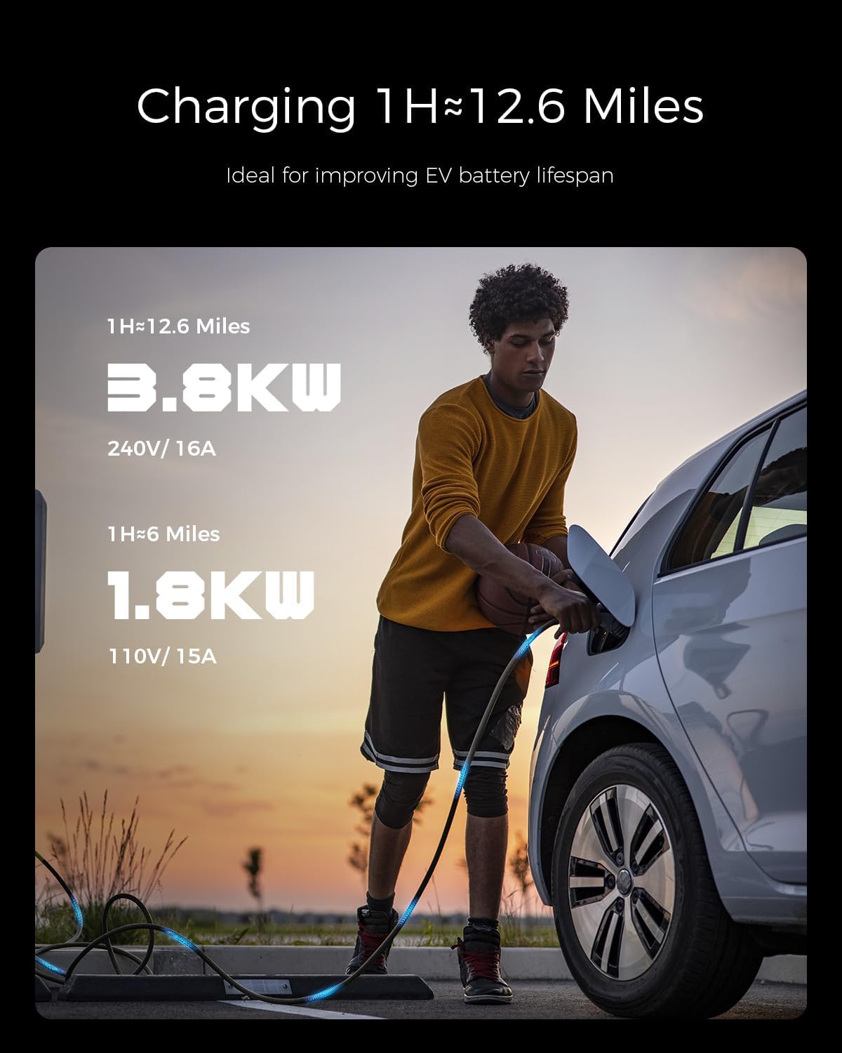 Level 1/2 EV Charger, 16A 110-240V Portable EV Charger with 25FT Cable, Home Electric Vehicle Charging Stations with NEMA 6-20 Plug NEMA 5-15 Adapter for All J1772 EVs