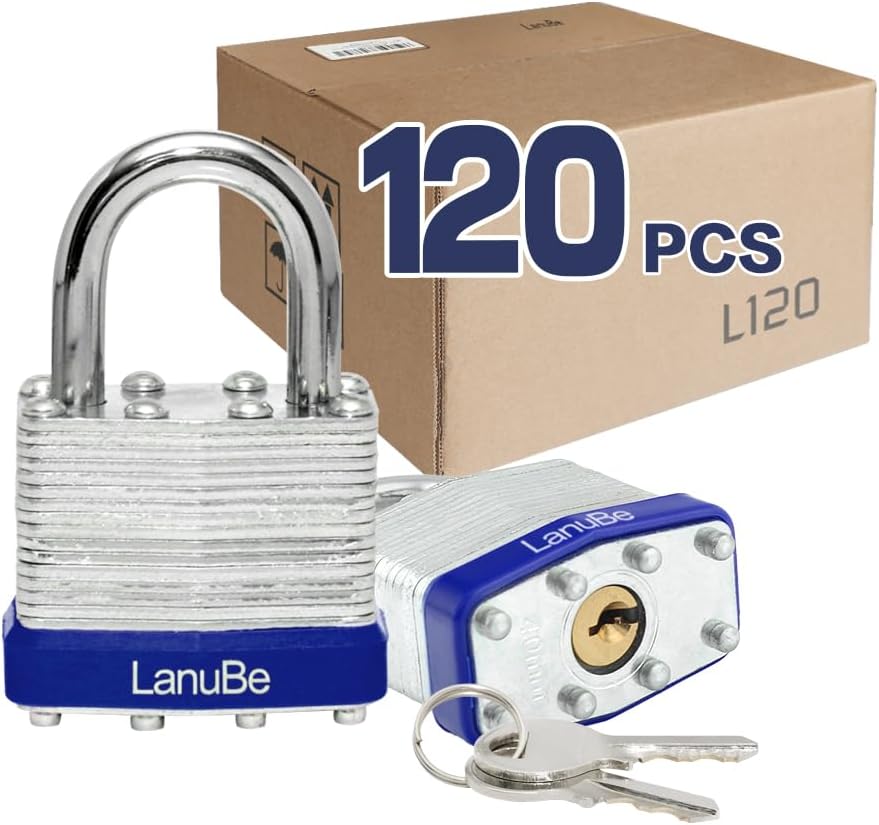 LanuBe Lock Laminated keyed Padlock (1-9/16", 40mm), keyed Alike Locks, Normal Shackle, Marked Blue Plastic Hoop, Pack of 120