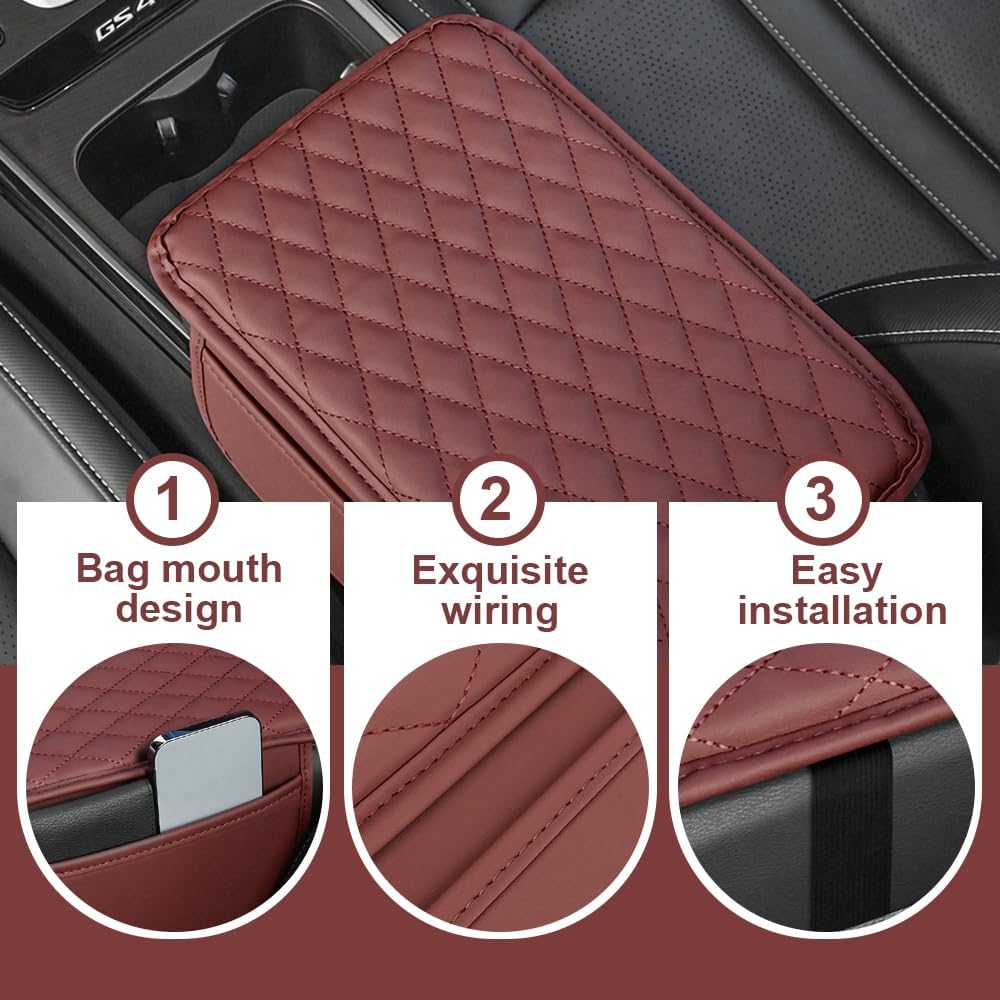 Memory Cotton Leather Car Armrest Box Pad, 2025 New Universal Style Memory Cotton Car Armrest Box Pad, Upgrade Vehicle Seat Box Cushion Protector for SUV Truck (Brown)