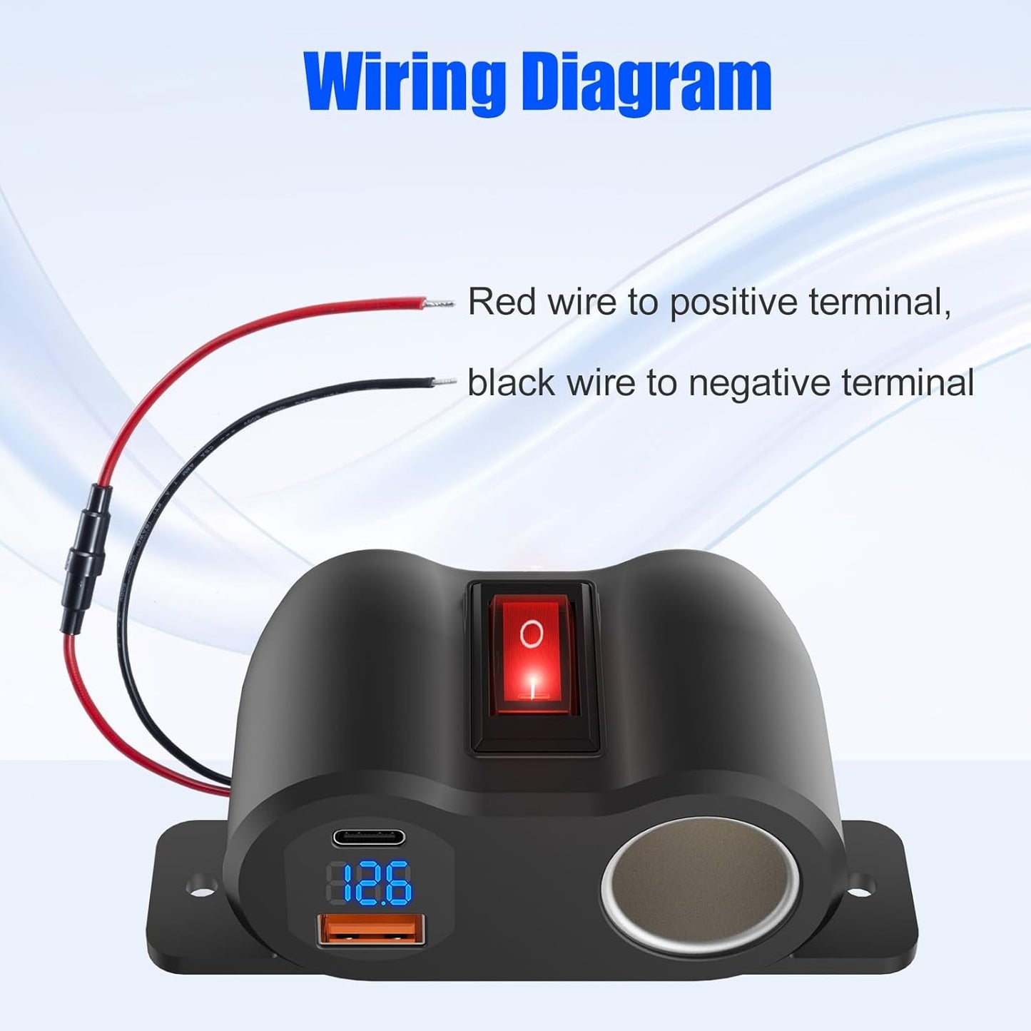 2-in-1 Surface Mount 12V USB Outlet Cigarette Lighter Socket, PD 30W and QC18W Car USB Port Car Charger with Button Switch LED Voltmeter and 120W Socket, Suitable for Cars, Boats, RVs and ATVs