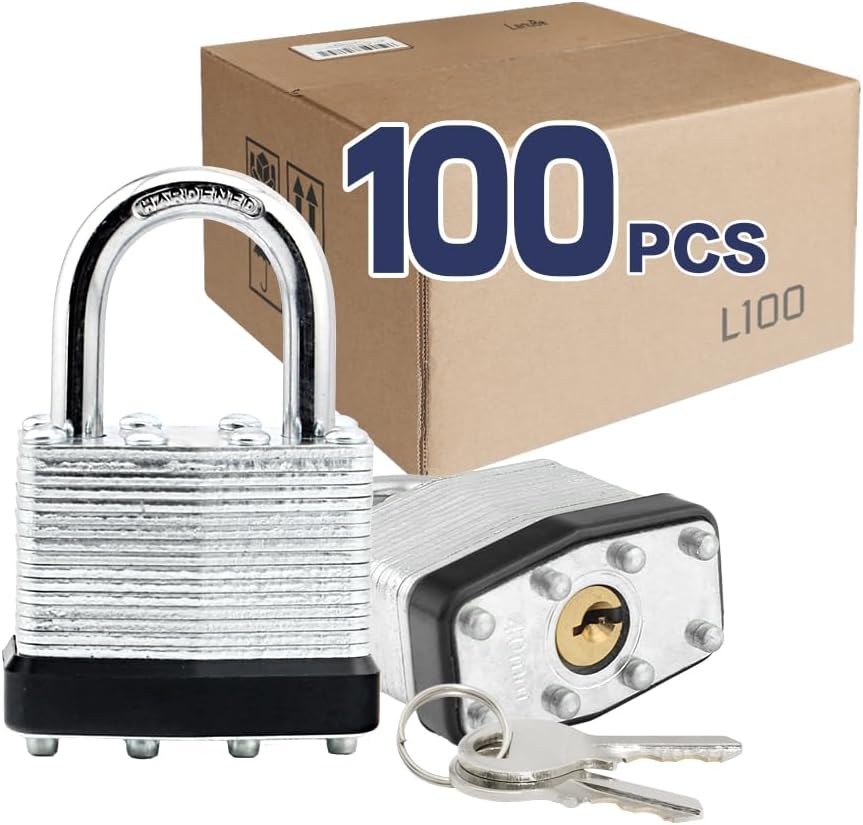 LanuBe Lock Laminated keyed Padlock (1-9/16", 40mm), keyed Alike Locks, Normal Shackle,Marked Black Plastic Hoop, Pack of 100