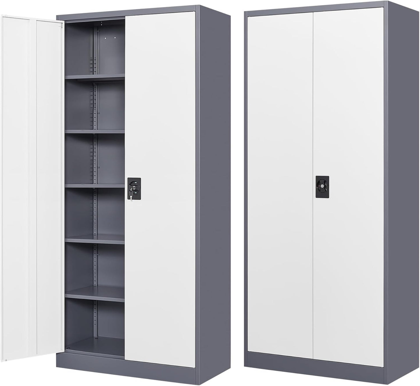 Wide & Deep Metal Storage Cabinet with 6 Shelves,72 inch Tall Garage Storage Cabinet with Lock,Gray White Metal Cabinets with Locking Doors,Large Steel Lockable Cabinets for Home,Office,Shop,Garage