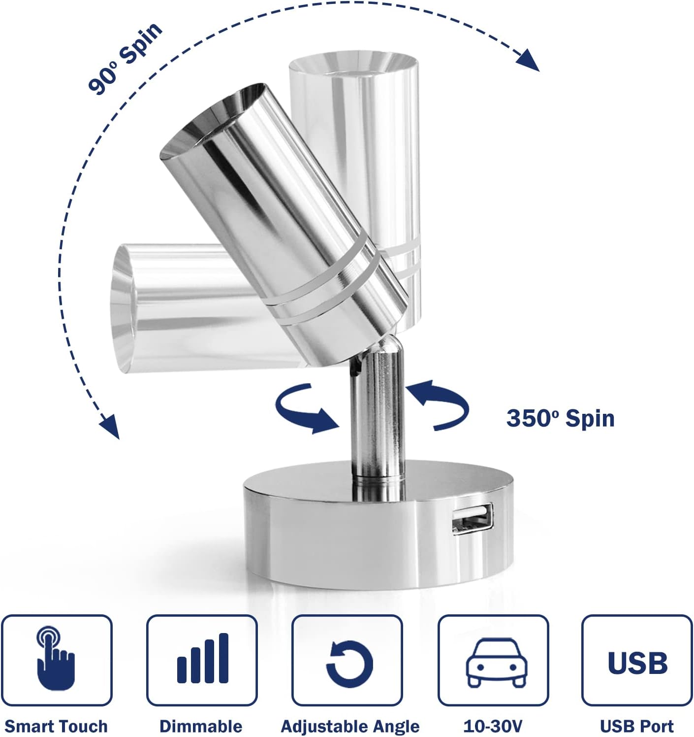 THALASSA 12V Interior LED RV Reading Lamp with 5V USB Port - Built-in Touch Switch, Dimmable Brightness, Surface Mounted on Wall Headboard of Boat Camper Van Travel Trailer Truck Cars Interior Light