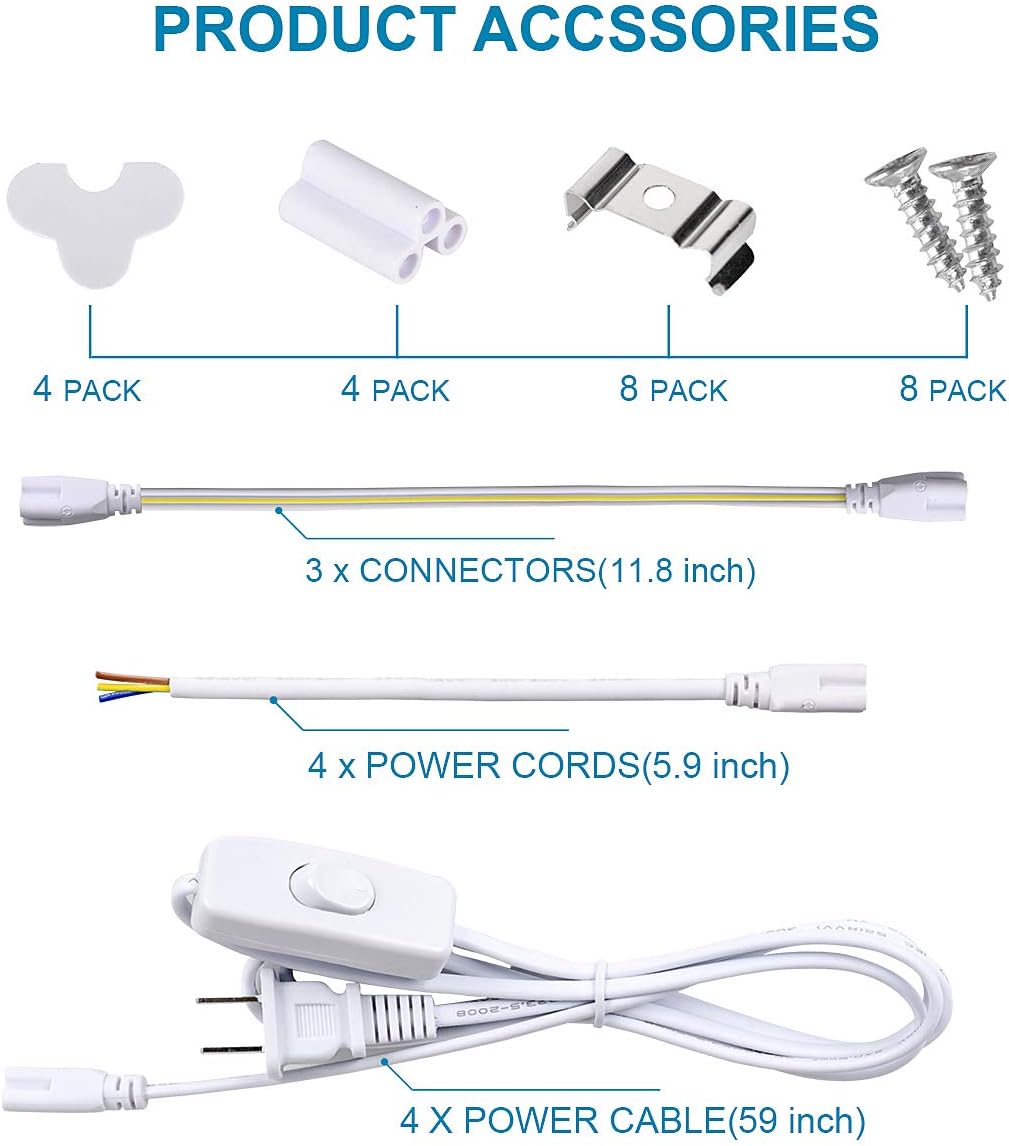 4 Pack 4FT LED Shop Light Fixture, 72W 9500LM 5000K, Daylight White, 4 Row V Shape, Clear Cover, Hight Output, Linkable Shop Lights, T8 LED Tube Lights, 4 LED shop lights for garage 4 foot with plug