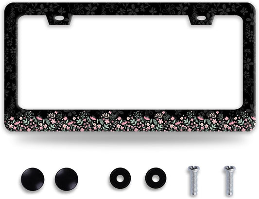 Cute Pink Flowers License Plate Frame Colorful Floral License Plate Frames Funny Auto Accessories Stainless Steel License Plate Holder 6x12 Inch