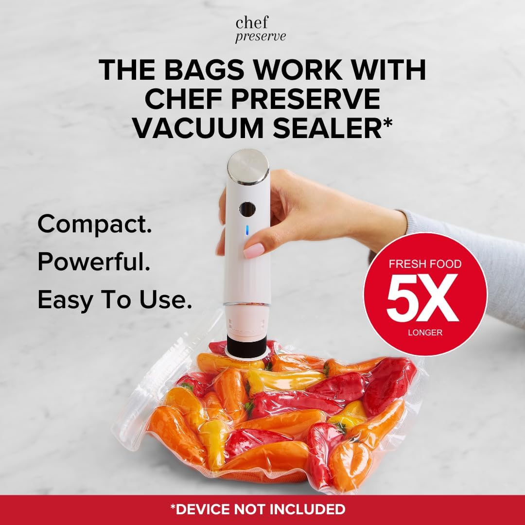 Chef Preserve Reusable Vacuum Sealer Bags for Food – 30 BPA-Free Small (8 x 10 in) Food Storage Bags, Freezer, Microwave – Odor-Resistant, Leak-Proof – Compatible with Chef Preserve Vacuum Sealers