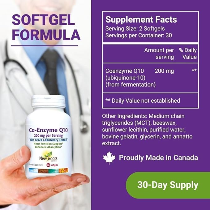 NEW ROOTS HERBAL CoQ10 Supplement Coenzyme Q10 (60 Softgels) 200 mg | Naturopathic Doctor Formulated for Heart Health & Energy Support | Made with Natural Fermentation