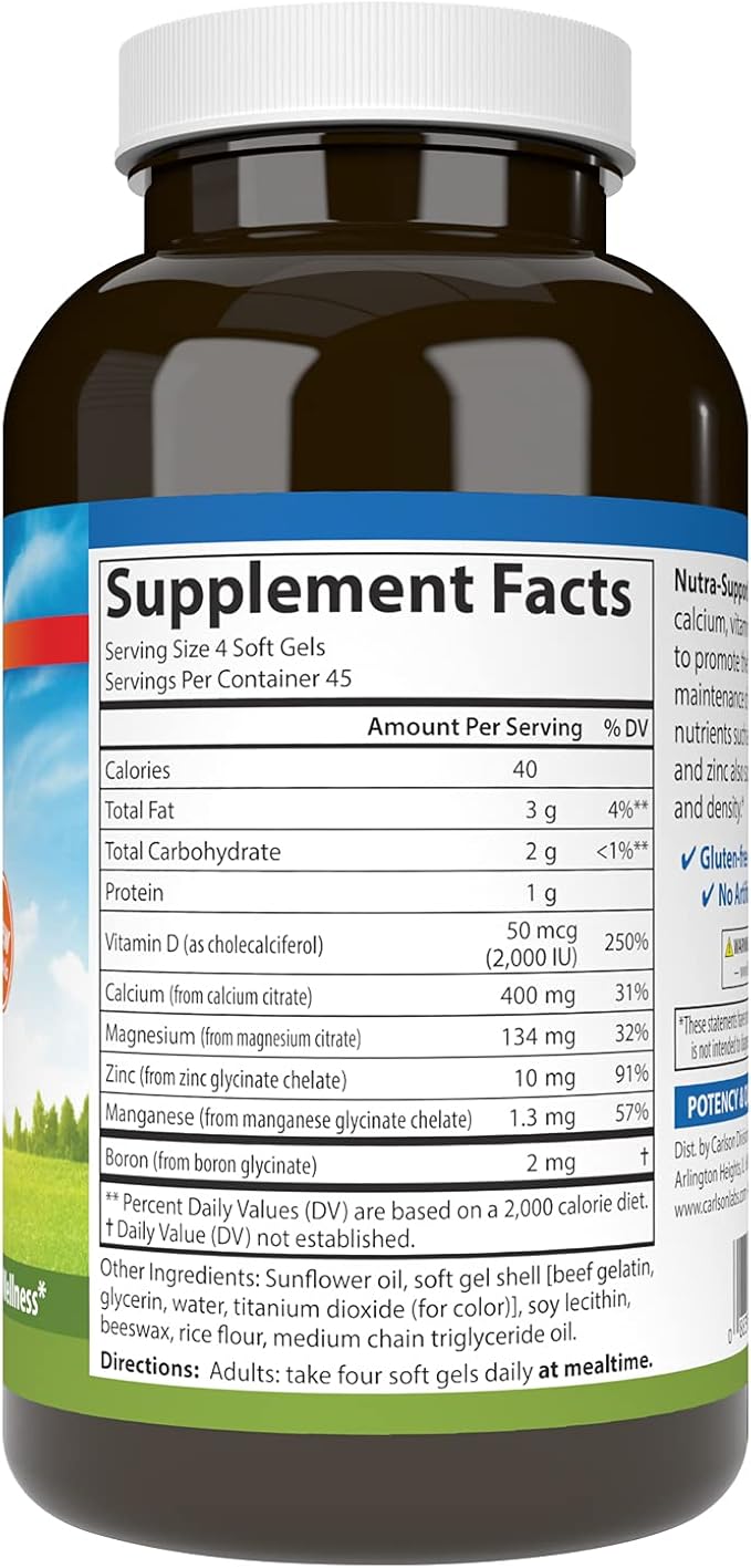 Carlson - Nutra-Support Bone, Calcium, Magnesium & Vitamin D3, Bone Health, Calcium Absorption & Optimal Wellness, 180 Softgels