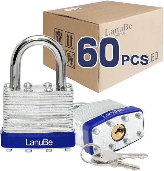 LanuBe Lock Laminated keyed Padlock (1-9/16", 40mm), keyed Alike Locks, Normal Shackle,Marked Blue Plastic Hoop, Pack of 60…