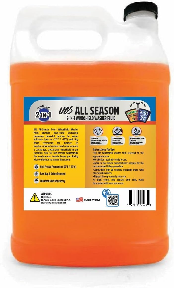 UCS Advanced All-Season Windshield Washer Fluid | Winter Protection to -27°F | 2-in-1 Bug Wash & Water Beading Technology | Streak-Free Visibility | Safe for Rain-Sensing Windshields | 1 Gallon