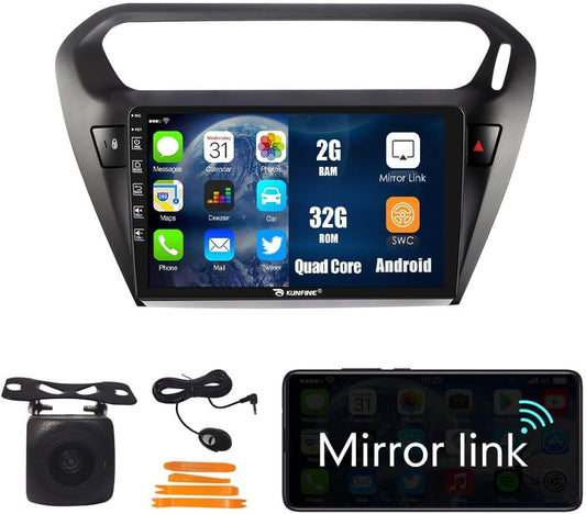 Kunfine Car Android Navigation Stereo GPS Radio Reverse Camera Display 9" IPS Touchscreen Headunit Tablet Pad Media Player for Peugeot 301 2013-2022, if Applicable Quad Core 2G+32G Matte Black