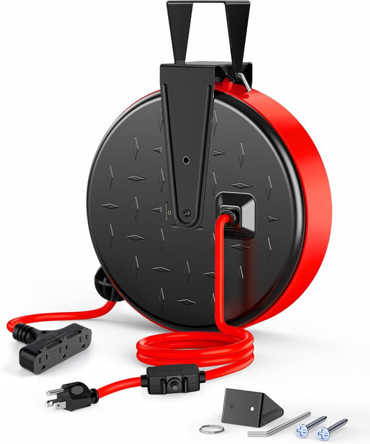 DEWENWILS 30FT Extension Cord Reel, 16/3 Gauge SJTW Power Cord, Retractable Cord Reel with 3 Outlets, Ceiling/Wall Mount for Garage, Workshop, 10A Circuit Breaker, Metal Plate, UL Listed, Red