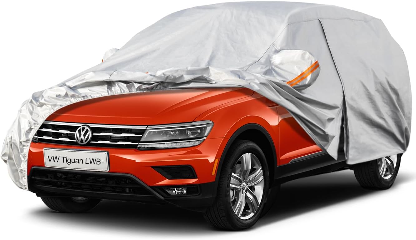 Kayme 6 Layers SUV Car Cover Custom Fit for VW Volkswagen Tiguan LWB (2018-2025) Waterproof All Weather for Automobiles, Outdoor Full Cover Rain Sun UV Protection.Silver