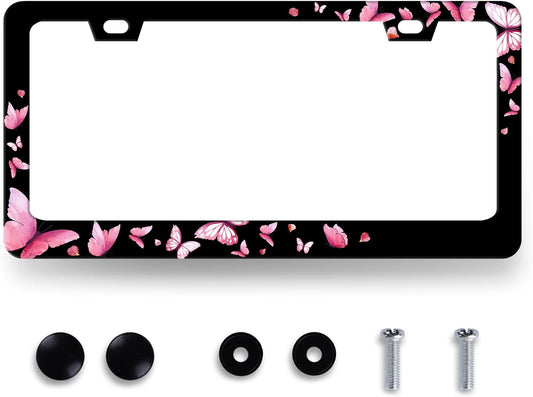 Butterfly License Plate Frame Pink Butterflies License Plate Stainless Steel Funny Accessories Cars Decor 12.2 X 6.2 Inch with 2 Holes and Screws Fits Standard Us Ca Vehicles