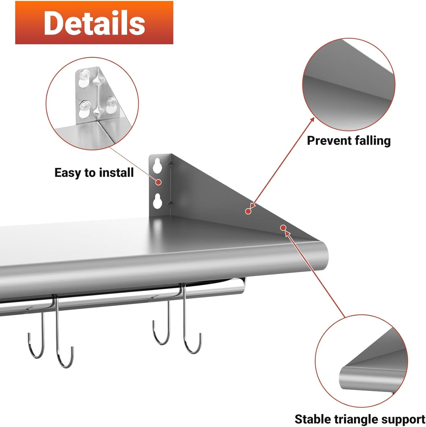 Skyflame 12" x 36" Wall Shelf with 6 Hanging Hooks for Storage, Stainless Steel Commercial Shelving with Side Guards for Bar, Utility Room, Kitchen, Garage