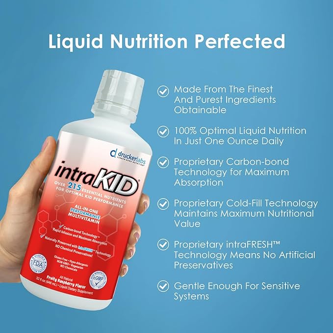 Drucker Labs Organic Liquid Multivitamin for Kids, Immune Support, Non GMO, Dairy Free, Gluten Free, Magnesium, Vitamin A,C,E, Zinc, (32 oz., Fruity Raspberry)