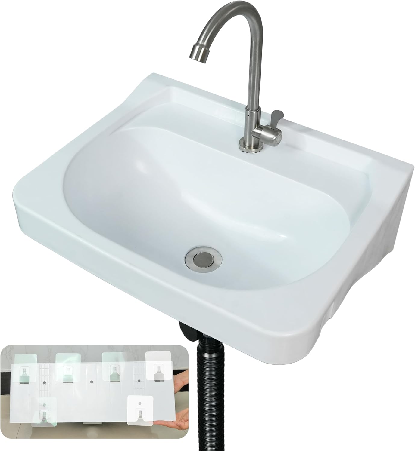 Wall Mount Bathroom Sink 19.7*15.3 No-Drill Installation Self-Adhesive Wash basin with Faucet Hole Bathroom Sinks Floating Vanity Sink for Lavatory Room Basin Plastic Rv Sink forGarage (19.7*15.3*7.1)