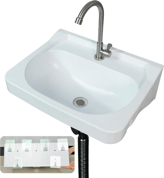 Wall Mount Bathroom Sink 19.7*15.3 No-Drill Installation Self-Adhesive Wash basin with Faucet Hole Bathroom Sinks Floating Vanity Sink for Lavatory Room Basin Plastic Rv Sink forGarage (19.7*15.3*7.1)