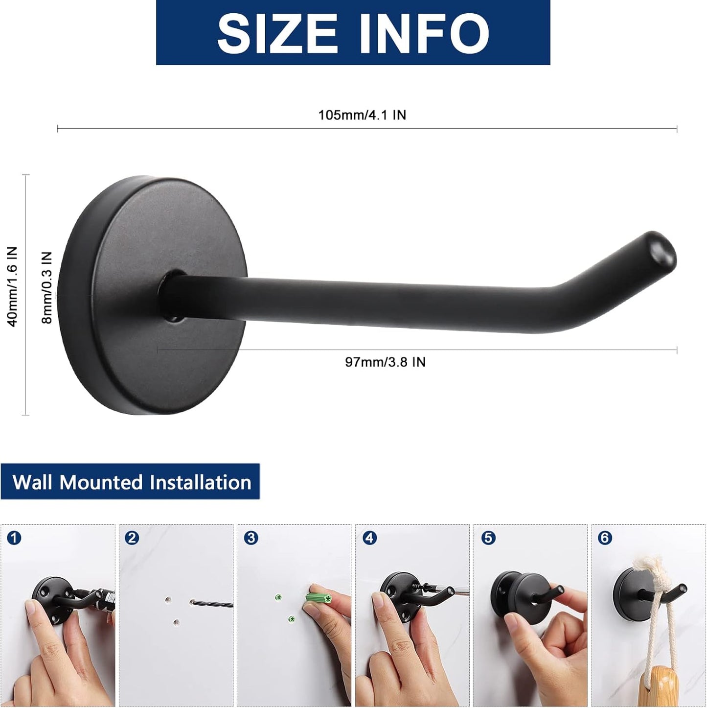 NearMoon Coat Hooks, Wall Hooks for Hanging Hat Hurse Robe, 304 Stainless Steel Heavy Duty Towel Hangers for Bathroom Livingroom Hotel Kitchen Garage, 6 Pack (4 Inch, Matte Black)