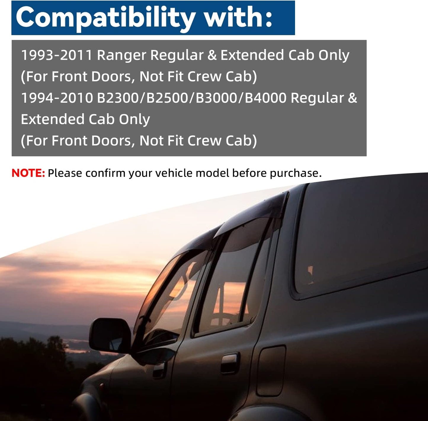 Set of 2 in Channel Front Doors Smoke Sun/Rain Guard Wind Deflector Tape-On Acrylic Window Visors Compatible with 1993-2011 Ranger 1994-2010 B2300/B2500/B3000/B4000 Regular & Extended Cab