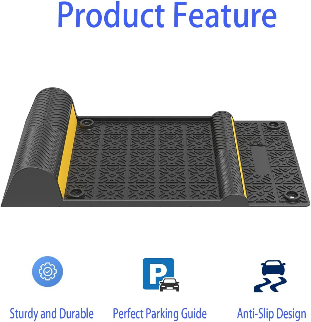 4 Pack Parking Mats for Garage Floors,21.6" X11.4" Durable Rubber Car Parking Guide Mat-Wheel Stopper with Reflective Yellow Strips,Garage Floor Stop Aid for Cars, Trucks, Indoor/Outdoor,Black