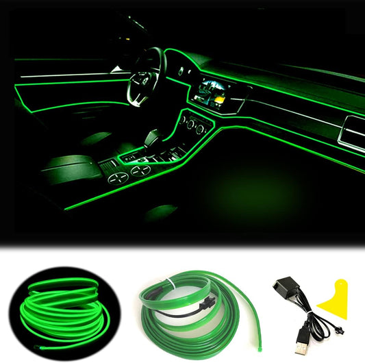 El Wire Green Interior Car LED Strip Lights, 10M Neon Wire USB 5V with Fuse Protection for Automotive Car Interior Decoration with 6mm Sewing Edge