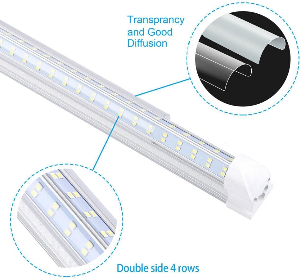 T8 LED Light Tube, 4FT 60W, 6500Lm, 6500K Cool White Clear Cover, 4FT Tube Light,Linkable Integrated Fixture,T8 LED Shop Light for Garage,Warehouse,25PCS