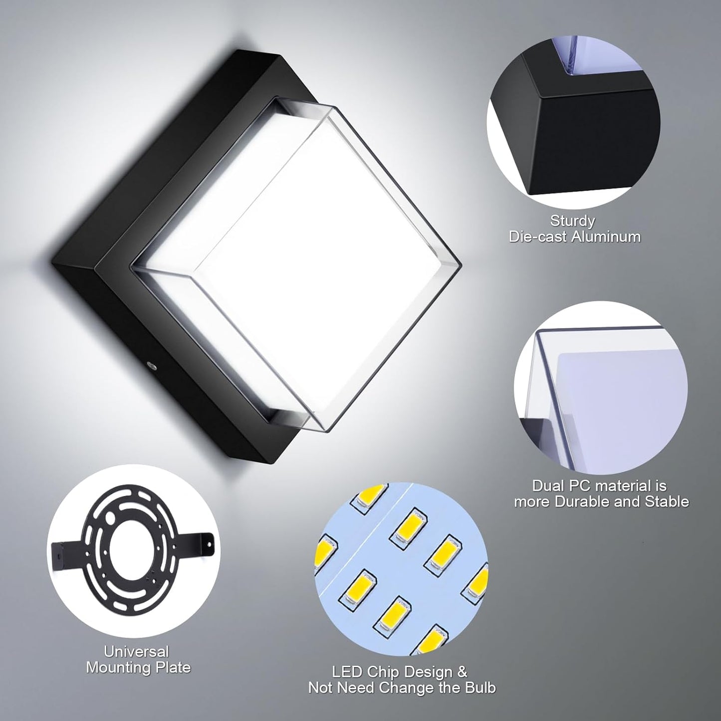 Exterior Wall Lights, Modern Waterproof Outdoor Wall Mount Lighting, Black Square Small Led Porch Light with Anti-Rust 6000K Daylight 12W for Garage, Entryway,House