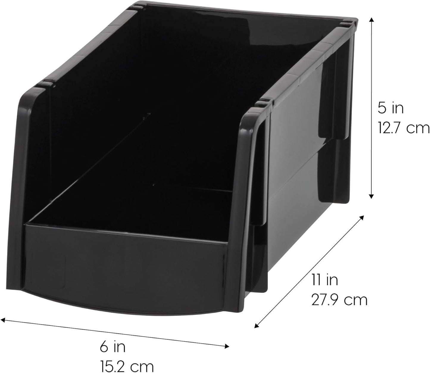 IRIS USA Stackable Bins, 11 x 6 x 5 inch, Plastic Hanging Open Front Shelf Bin Storage Organizer for Hardware, Craft Supplies, Small Parts, Nuts and Bolts, Garage Organization, 4 Pack- Medium, Black