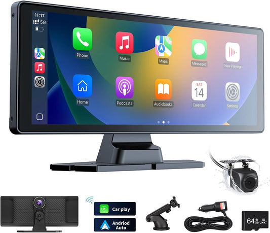 10.26" Carplay Screen for Car,4K Dash Cam,Portable Tablet for Apple Android Auto,Voice Touch Control GPS Navigation,Stereo Audio Radio,Rear Backup Camera,Bluetooth,Wireless Mirror for Truck