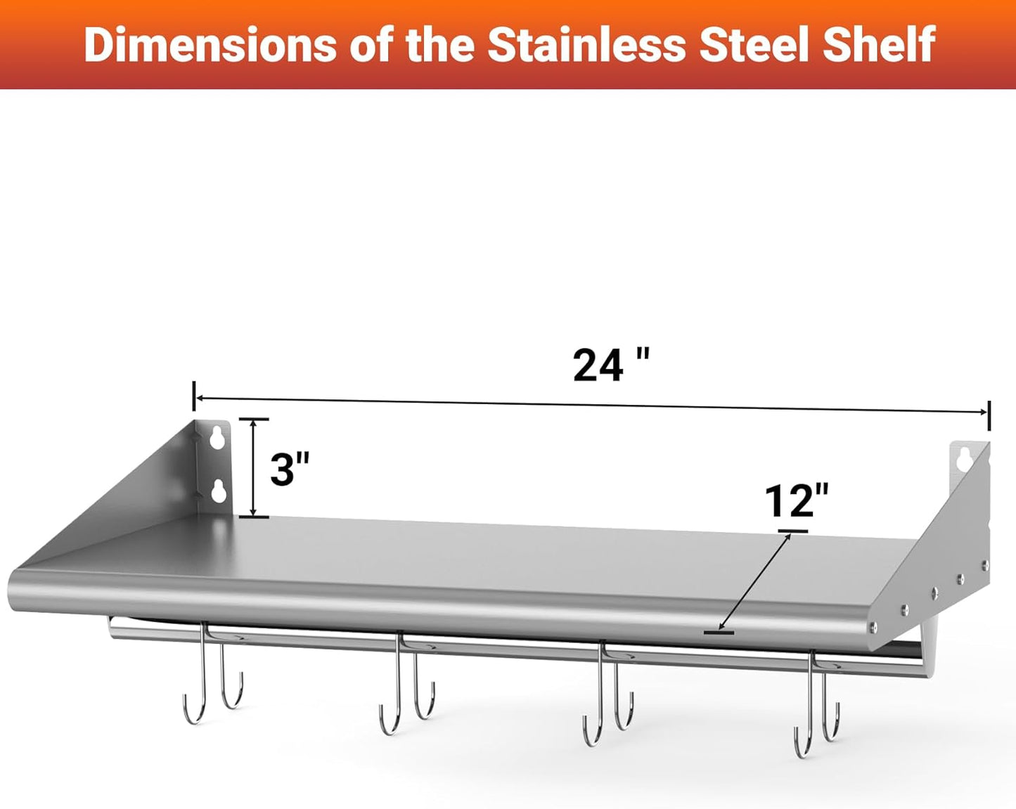 Skyflame 12" x 24" Stainless Steel Shelf with 4 Hooks, Wall Mounted Floating Shelving Storage Rack for Restaurant, Kitchen, Bathroom, Office