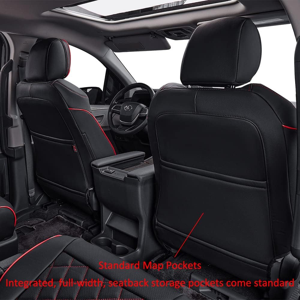 EKR Sienna Seat Covers for 2021-2025 Toyota Sienna LE, XLE,8 Seats,2nd Row 4/2/4 Split,Waterproof Seat Covers Full Set for Trucks,Car Seat Protectors-Three Row,Leather(Black with Red Piping)