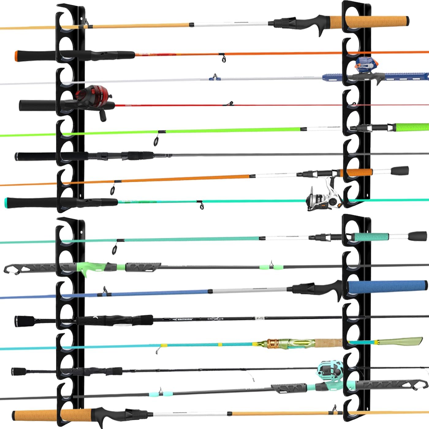 Wall or Ceiling Fishing Rod Storage Rack Vertical Horizontal Holder with 16 Capacity Fishing Rods Reels Mounted Roof Carrier Hooks Hanger for Garage Cabin and Basement Gear Accessories