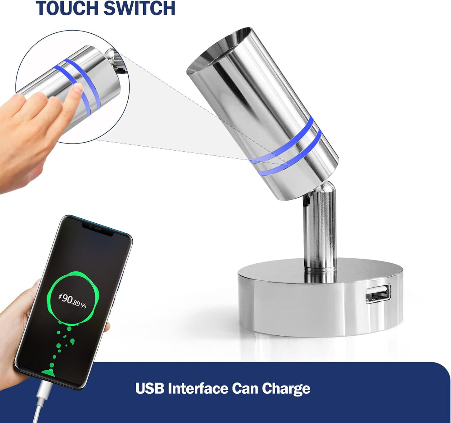 THALASSA 12V Interior LED RV Reading Lamp with 5V USB Port - Built-in Touch Switch, Dimmable Brightness, Surface Mounted on Wall Headboard of Boat Camper Van Travel Trailer Truck Cars Interior Light