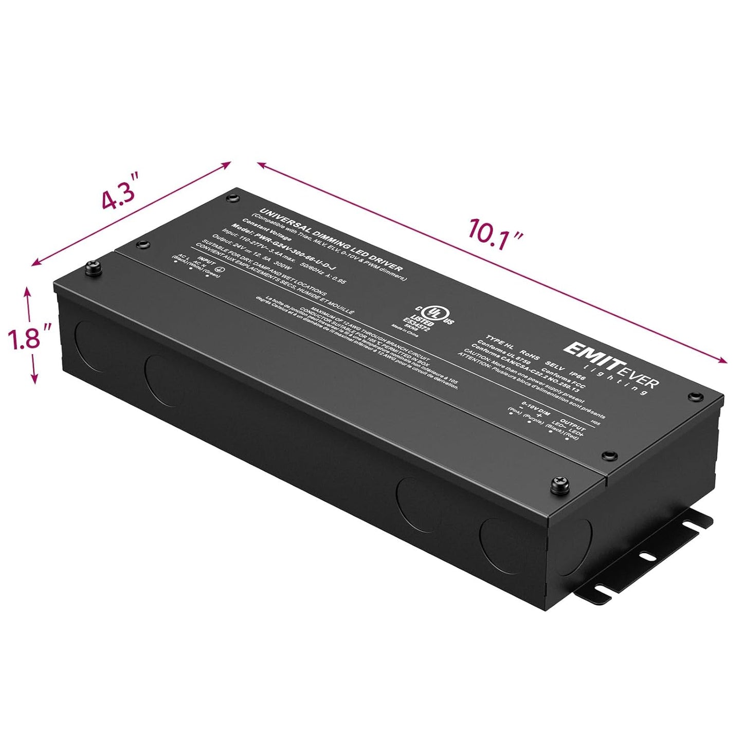 EMITEVER Dimmable Led Driver, 300W AC 110V-277V to DC 24V Transformer, 5-in-1 Dimming: ELV/MLV/TRIAC / 0-10V / 1-10V / 10V PWM/Potentiometer, Waterproof IP67 and UL Listed