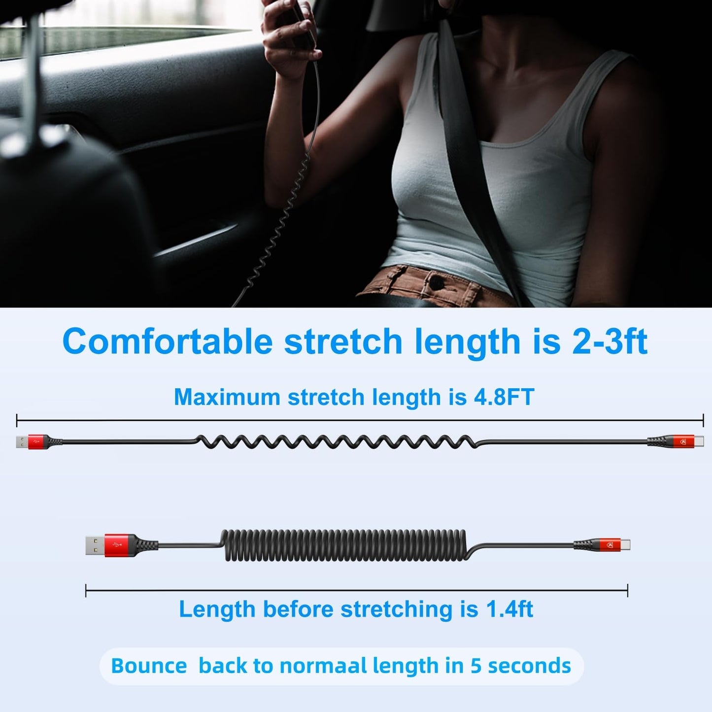 USB to USB C Cable Fast Charging 3ft, 2Pack Coiled USB C Charger Cable for Car, Android Auto USB Type C Charger Cord, USB-C Cable Compatible with iPhone 16/15/Plus/Pro Max/Samsung Galaxy A20 S20 - Red