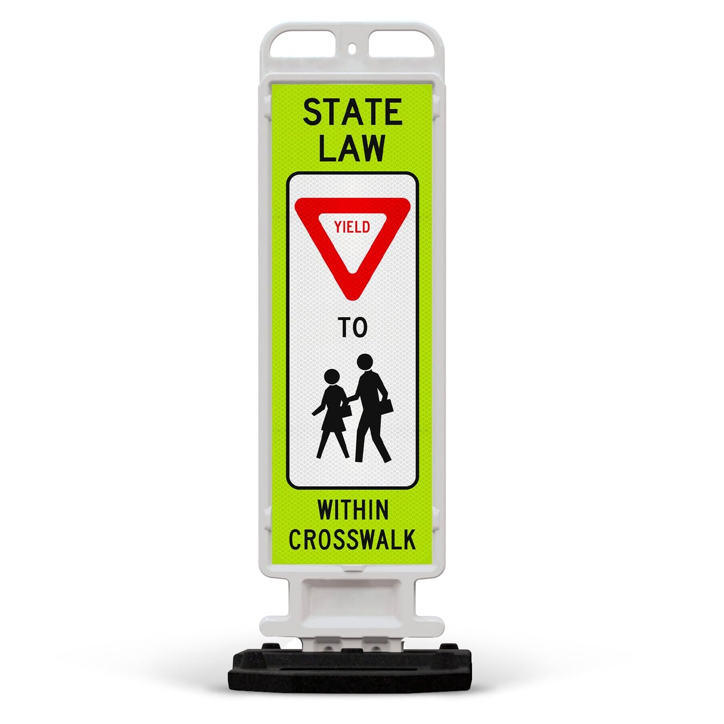 State Law Yield for Pedestrian in Crosswalk R1-6a MUTCD Sign, Double Sided 3M Engineer Grade Reflective, Portable Rubber Base, Impact Resistant Plastic Frame